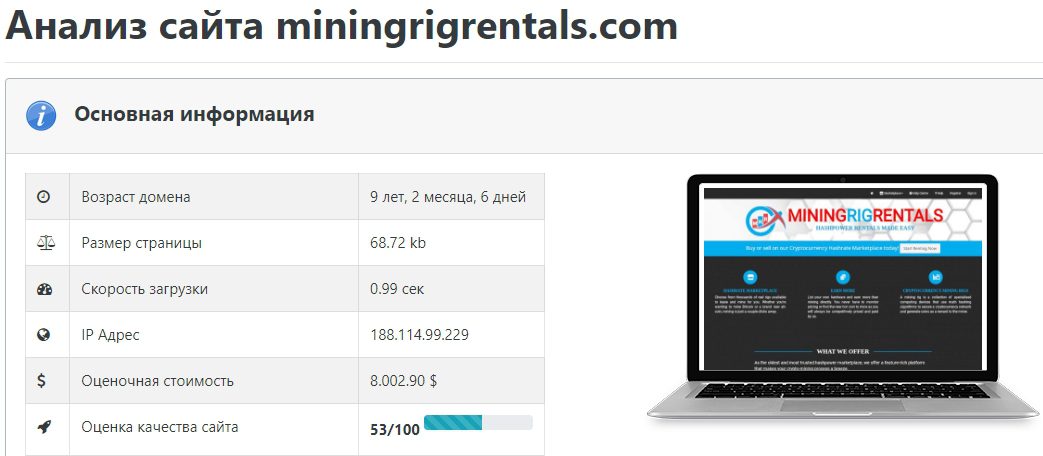 Анализ сайта Mining Rig Rentals
